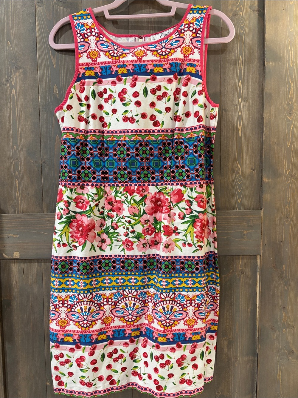 Chetta B Pink-Trimmed Multicolor Floral Print Sleeveless Dress